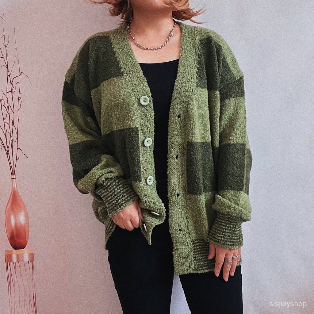 #Sisjuly# Sweater Wanita Kasual Longgar Lengan Puff Jaket Rajut Bergaris Warna Kontras Sweater Tebal