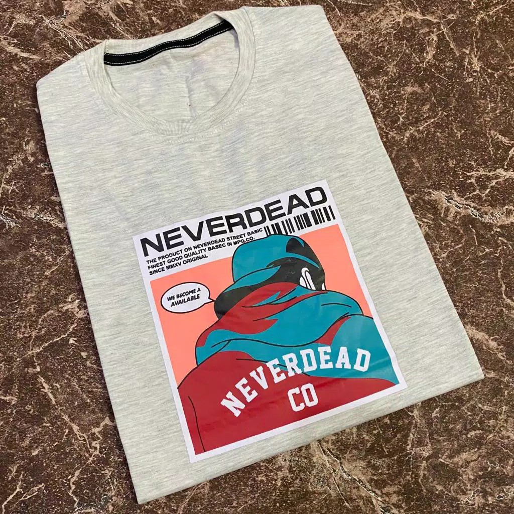 Kaos Pria Atasan Distro T-Shirt Kaos Never Dead Abu-Abu