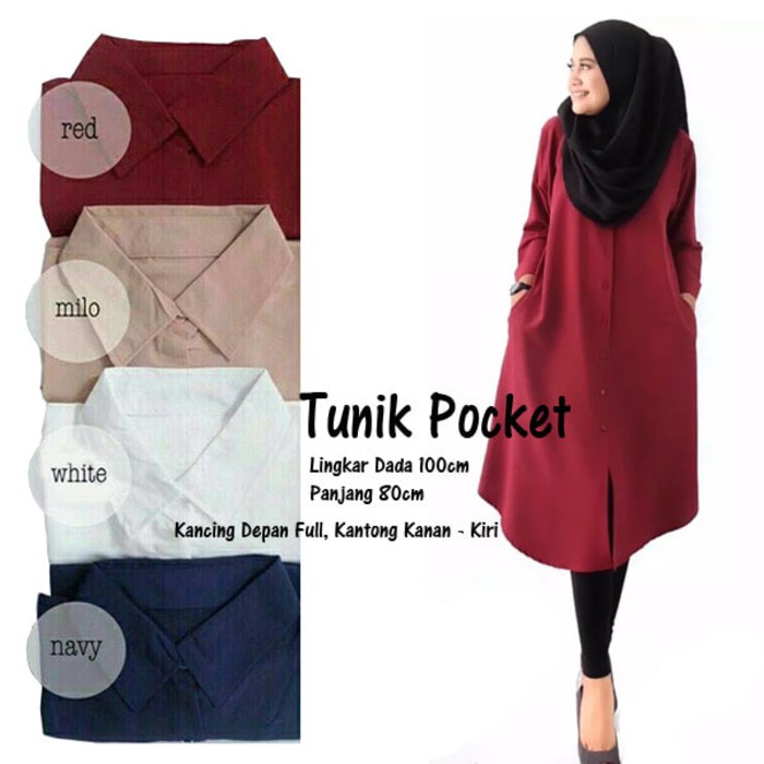 discon Baju Atasan Tunik Pocket Blouse Blus Muslim - Putih kuliah,kerja,kantor,pesta