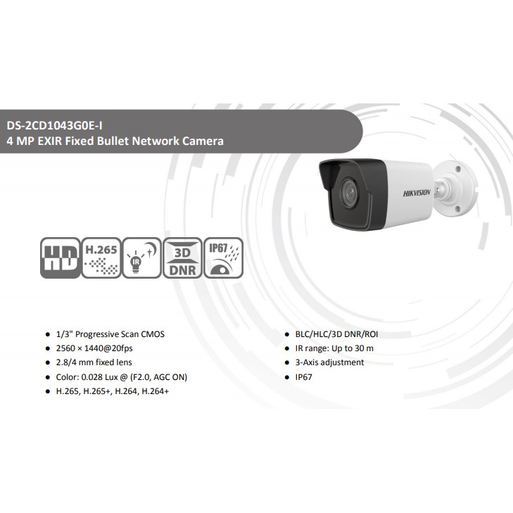 Hikvision CCTV IP 1-Serial DS-2CD1043G0E-I 3.0 MP CMOS Network Bullet Camera