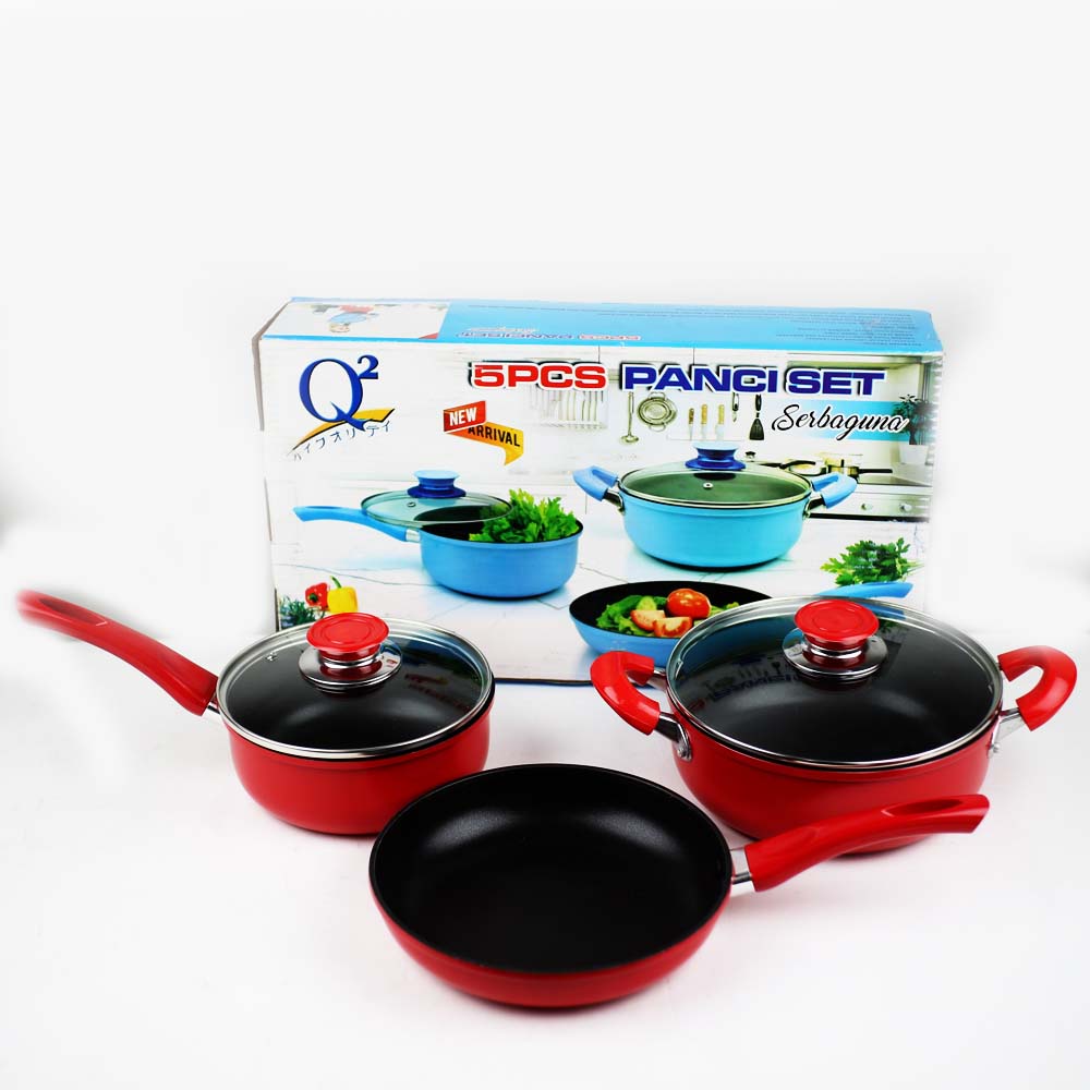 FM - Q2 Panci Wajan Set isi 5 pcs + Tutup Kaca 2218 Warna /  Penggorengan Anti Lengket serbaguna