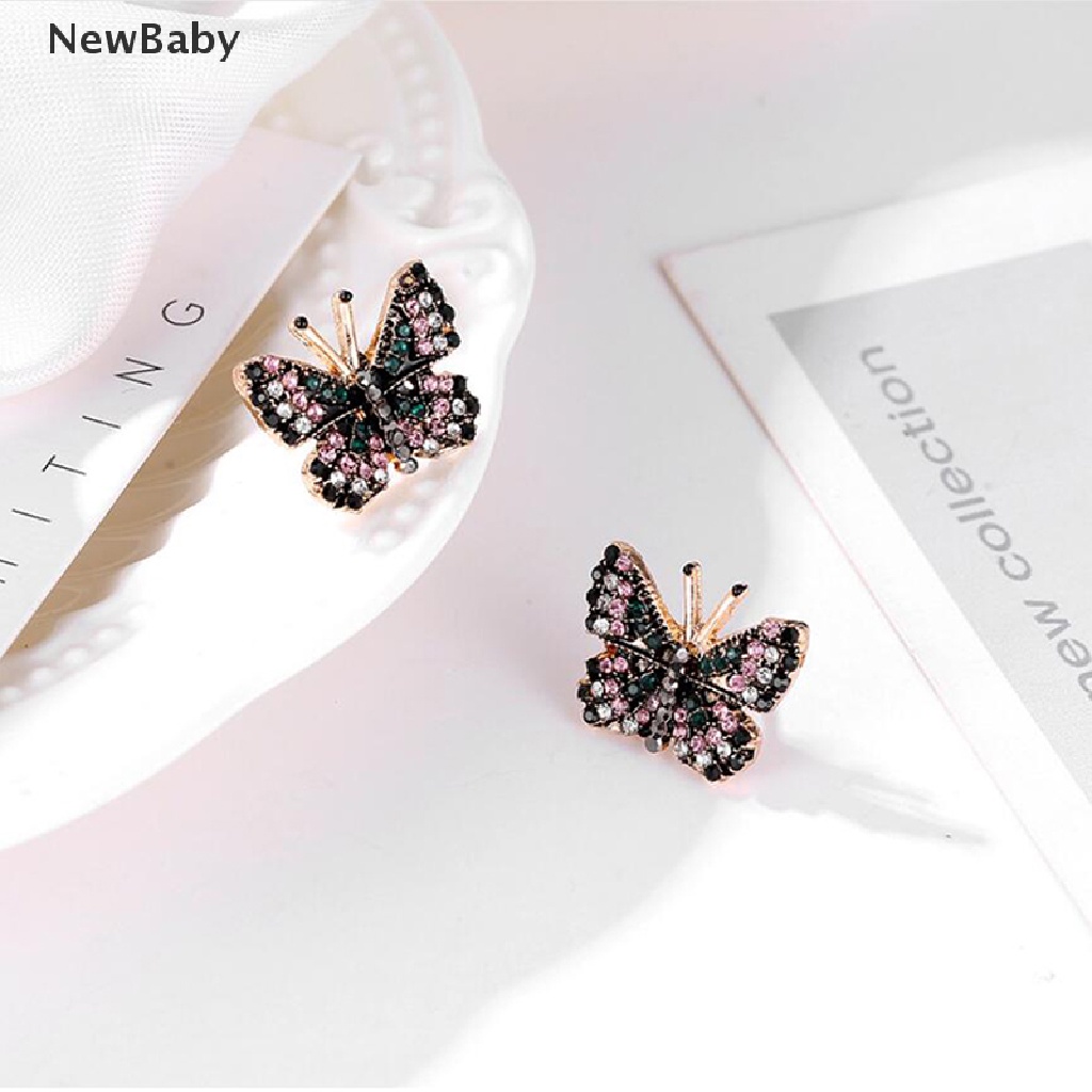 Anting Stud Desain Kupu-Kupu Aksen Kristal Berlian Imitasi Warna-Warni Untuk Wanita