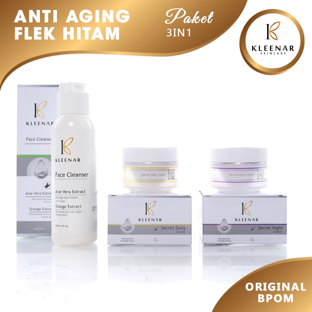 ORIGINAL - PAKET FLEK HITAM, ANTI AGING, GLOWING, Kerut Kriput - Kleenar Skincare 3in1 - BPOM DPR