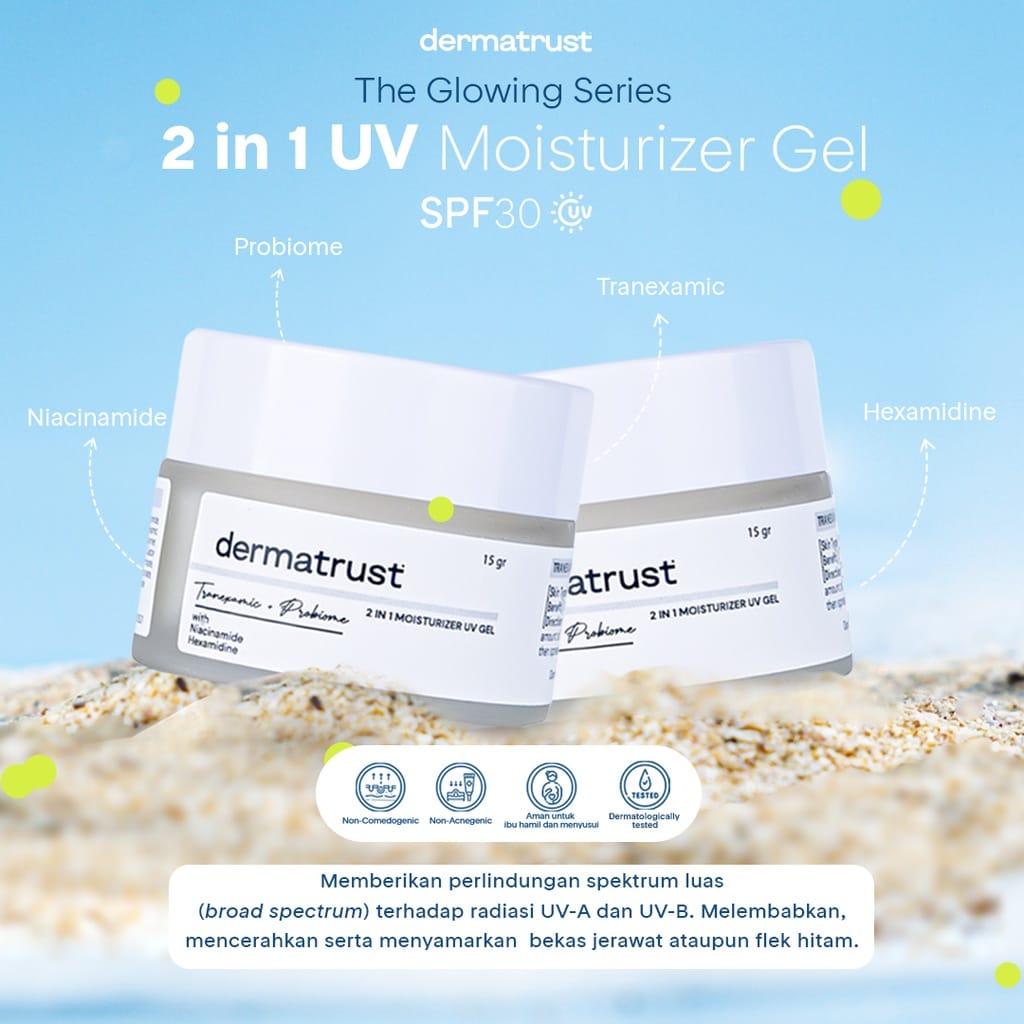 [Glowing Series] Dermatrust 2 in 1 UV Moisturizer Gel + Tranexamic Acid + Probiome - Sunscreen dan Pelembab Pencerah Wajah