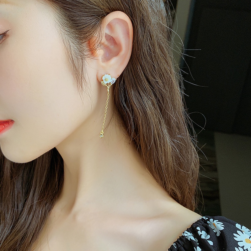 Anting Gantung Panjang Model Bunga Dengan Rumbai Zircon Untuk Wanita