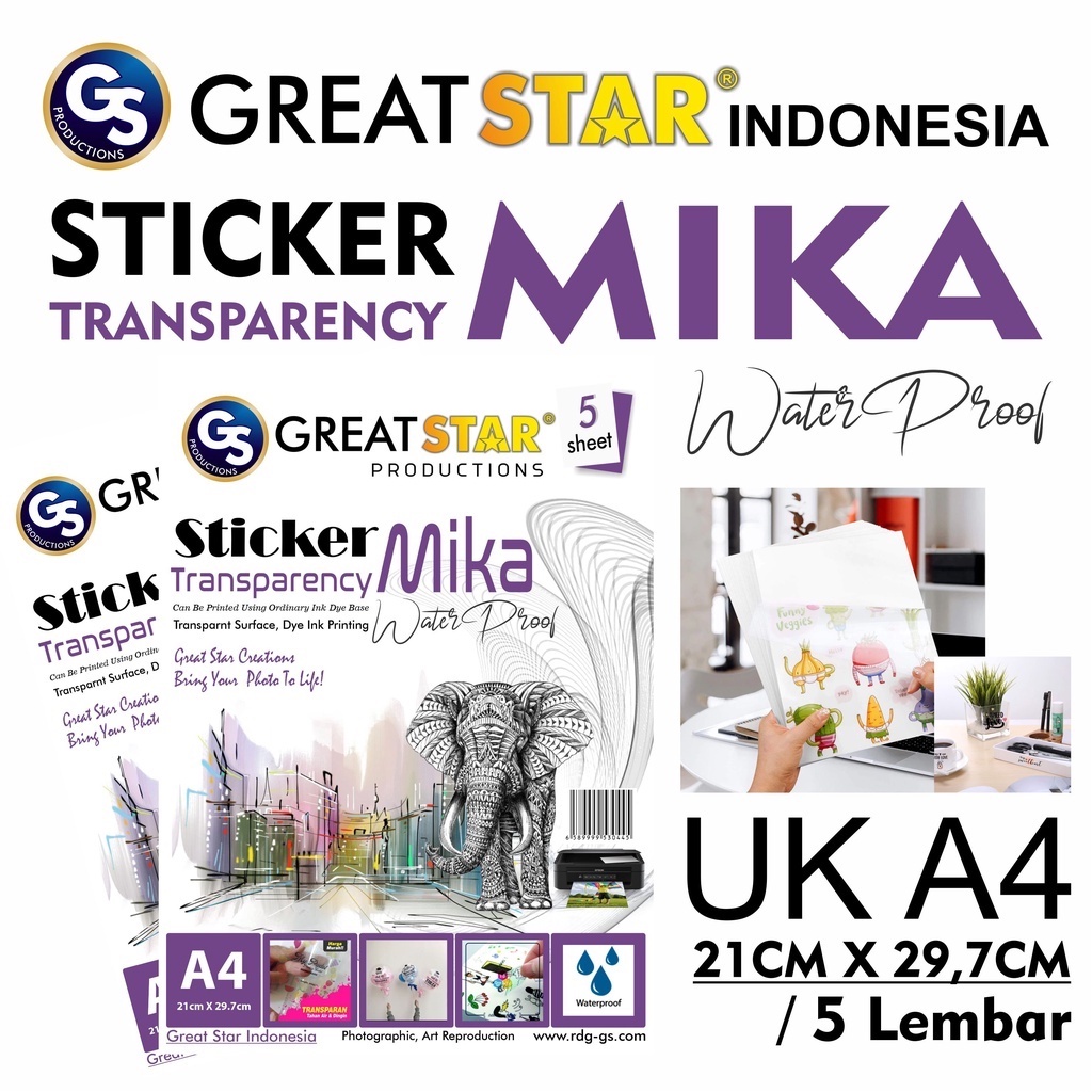 

STICKER TRANSPARANT WP ANTI AIR !!!/WATER PROFF A4/5 lembar 120 gsm