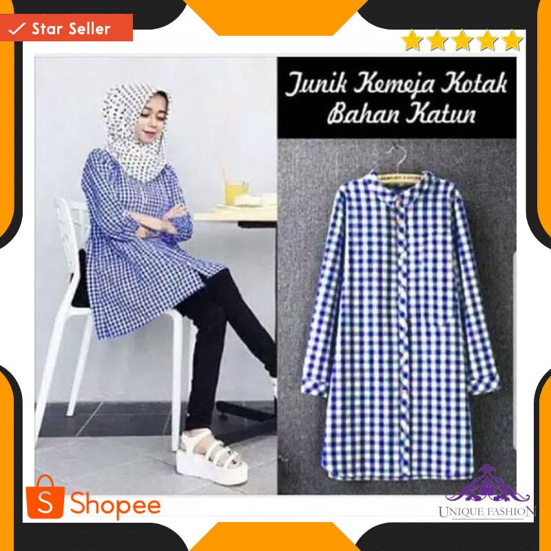Tunik Dadu Biru Sl Tunik Wanita Katun Biru