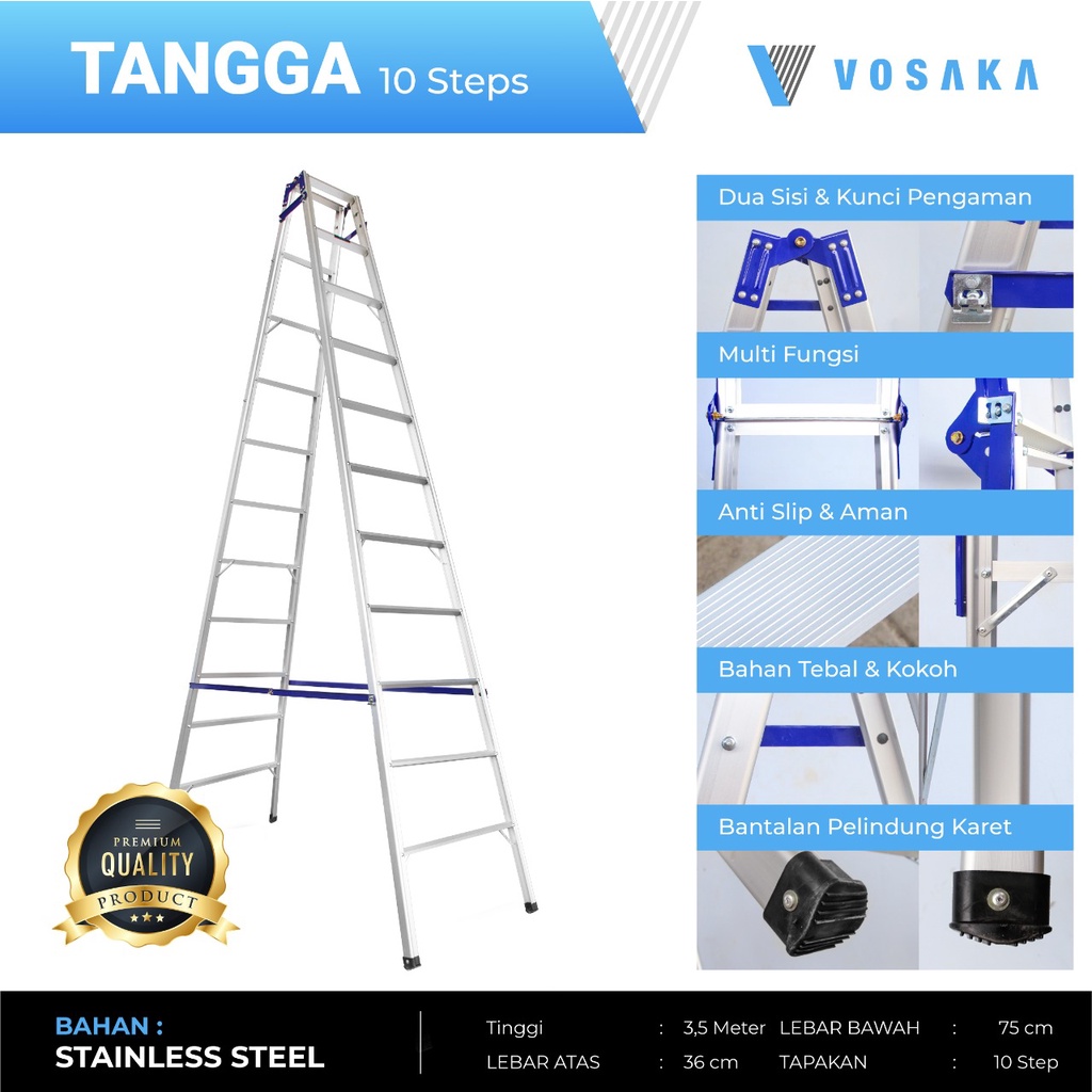 TANGGA LIPAT ALUMUNIUM VOSAKA A+ 10 STEPS TINGGI 3,5 METER