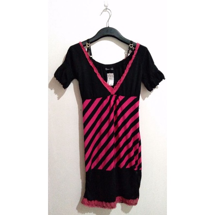 Je Voudrais | Midi Dress Lengan Pendek | Midi Dress Pink | Midi Dress Garis-garis | Midi Dress Murah