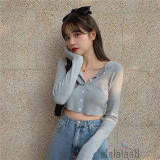 Cardigan Crop Top Model Lengan Panjang Button Down Warna 