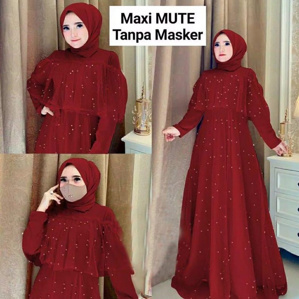 MAXI GAMIS MUTE GAMIS WANITA MUSLIM / MAXI DRESS BAHAN MOSCREPE KOMBY MUTIARA TANPA MASKER-MARON