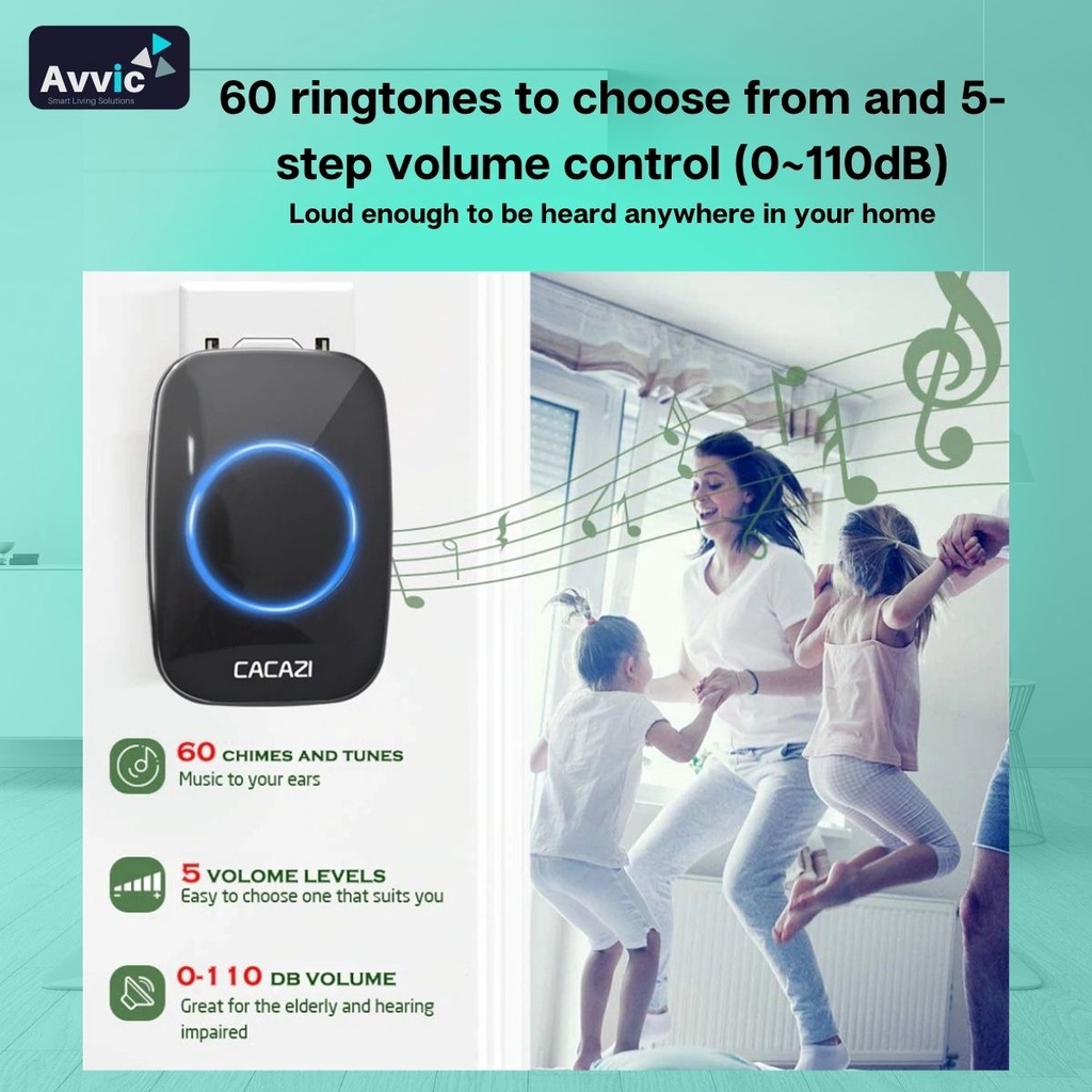 Avvic x Cacazi Bel Pintu Rumah Wireless LED 300M Waterproof IP44  2 Receiver 1 Transmitter Outdoor