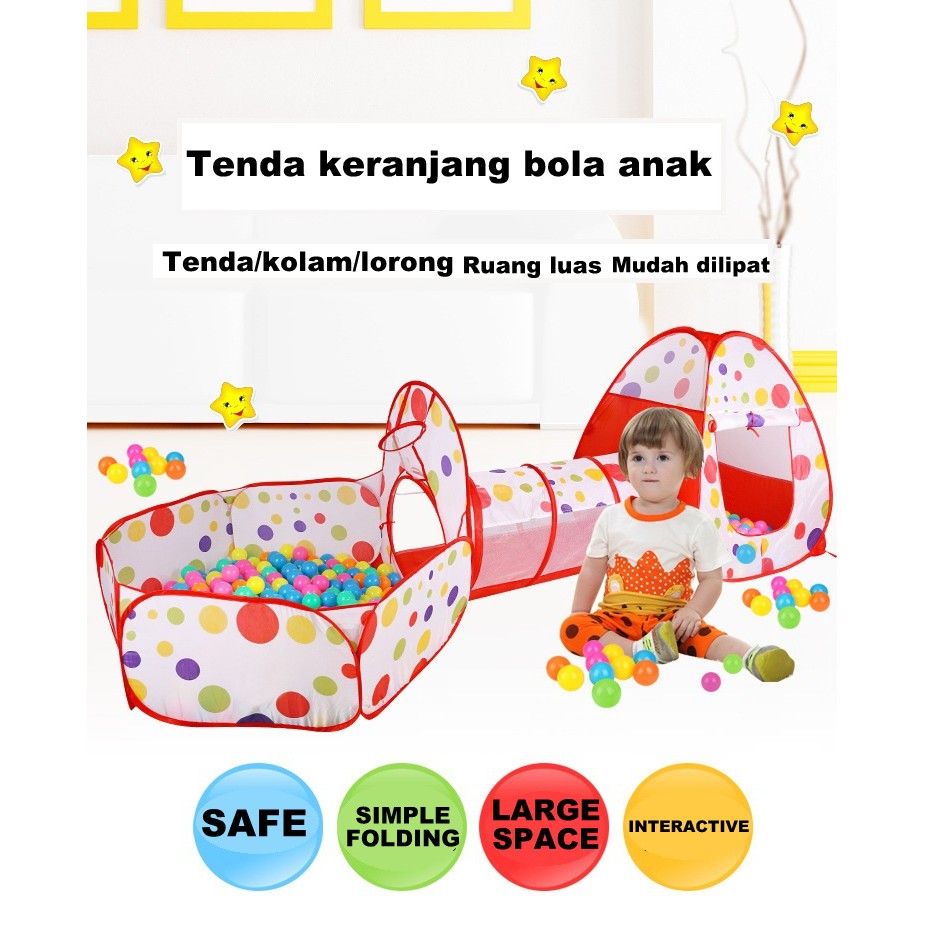 Mainan Tenda Anak Terowongan 4 in 1 + Kolam + Ring Basket Mainan Keranjang Mandi Bola Anak