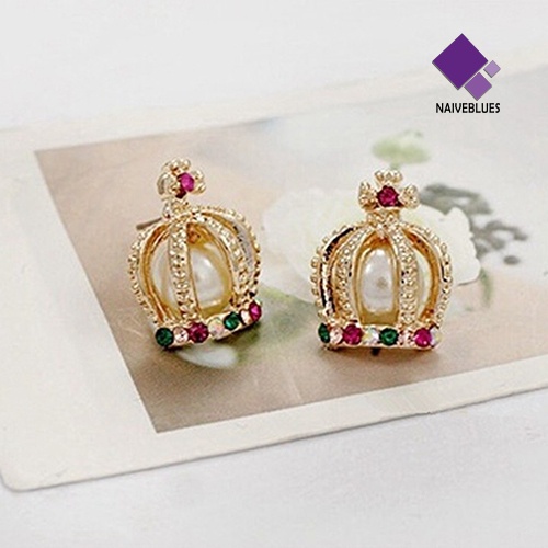 Anting Stud Desain Mahkota Princess Warna-Warni Aksen Mutiara Berlian Imitasi