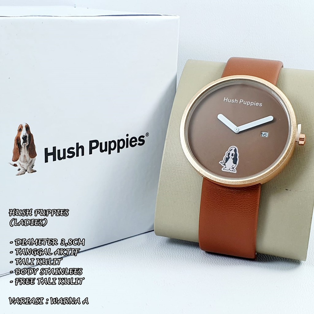 JAM TANGAN WANITA HUSH PUPPIES TALI KULIT BODY BULAT TANGGAL AKTIF FREE TALI KULIT