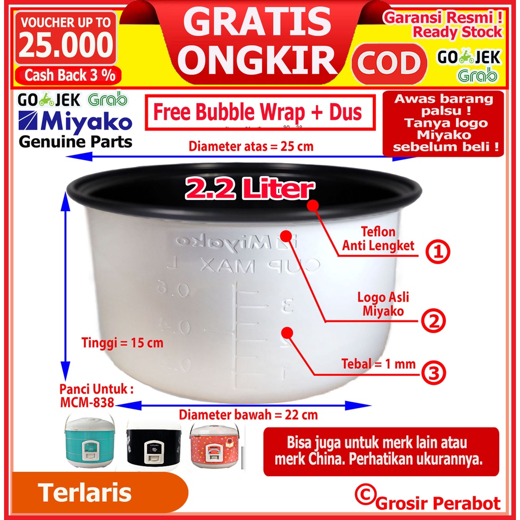 Panci Rice Cooker Magic Com Miyako 0.6 L 1.0 L 1.2 L 1.8 L 6 L 20 L Panci Rice Cooker Miyako  Panci Magiccom Megicom Miyako 0.6 L 1.0 L 1.2 L 1.8 L 6 L 20 L Panci Miyako 1.2 L Anti Lengket Panci Miyako 1.8 L Original Panci Teflon Daleman Anti Lengket