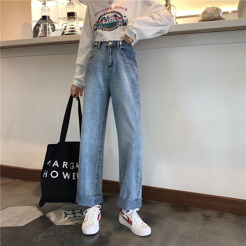 Celana Jeans Wanita Loose High Waist Korean Style