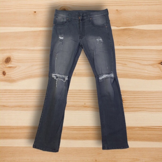 Celana Jeans Sobek Ripped Denim Grey