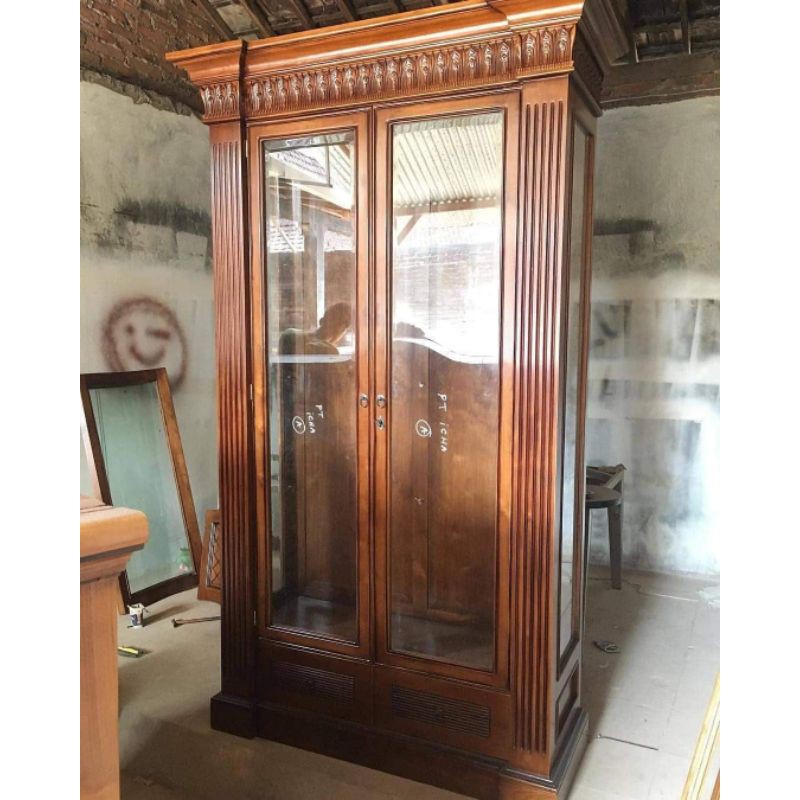 lemari hias kolibri kaca ukiran kayu jati asli jepara