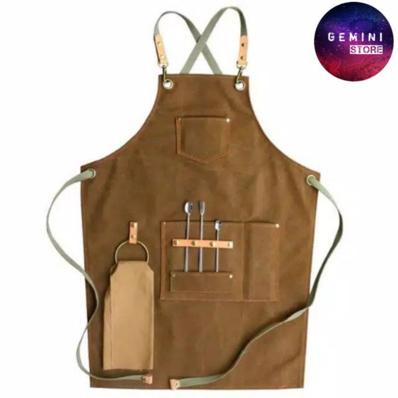 Celemek Apron Celemek Masak Apron Barbershop Apron Bartender Bahan Canvas Leather Pria Wanita