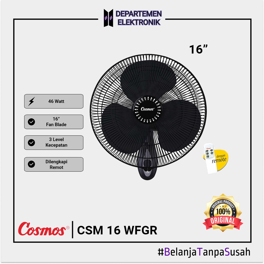 COSMOS 16 WFGR WALL FAN 16 IN BLACK + REMOTE / KIPAS ANGIN DINDING MURAH BANGET / GARANSI RESMI