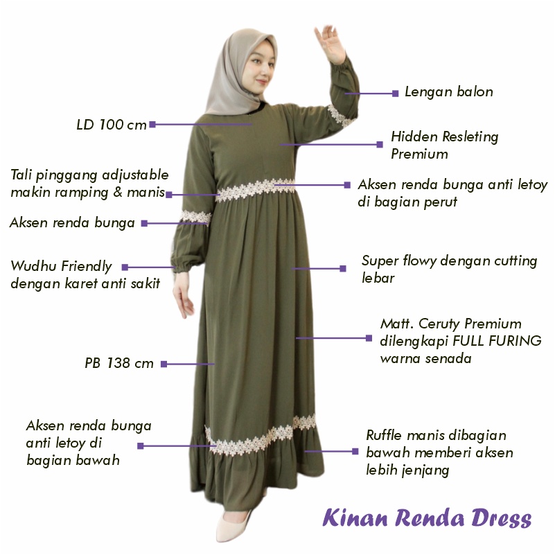 PREMIUM Shalia Hijab Gamis Kinan Ceruty Babydoll LD 100 110 Premium Polos Renda Bunga Arabian