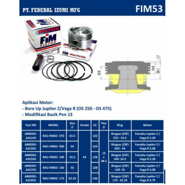 Seher Piston kit FIM Bore Up 130cc Jupiter Z Burhan - Vega R New XB Dia. 53.5 54 54.5 55 55.25 mm Pen Pin 13-1