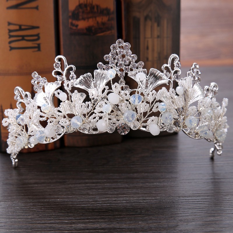 Tiara Kristal Ginkgo Biloba Warna Silver untuk Pernikahan / Ulang Tahun