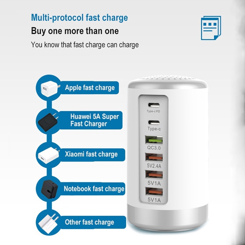 PD 65W USB Fast Kepala Charger Quick Charge 3.0 ype C Mobile Phone Dock 6 Port Smart