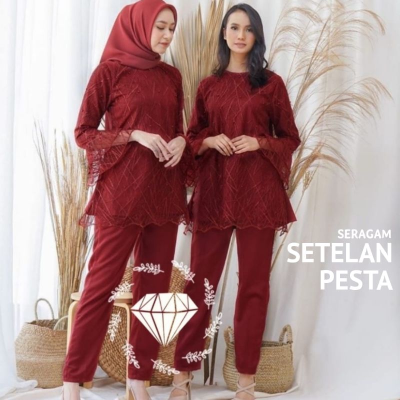 Seragam Pesta Wanita Satu Stel Baju Celana Kombinasi Brukat Impor