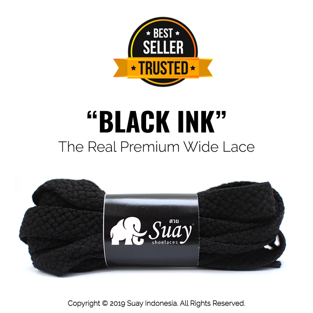 Tali Sepatu Gepeng Lebar Hitam (Wide) Premium Shoelace Black Ink Surabaya