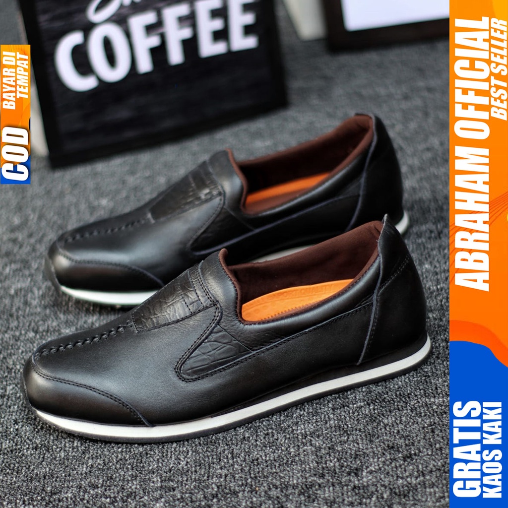 Abraham Gavin - Sepatu Casual Sneakers Pria Kulit Asli Kerja Santai Hitam