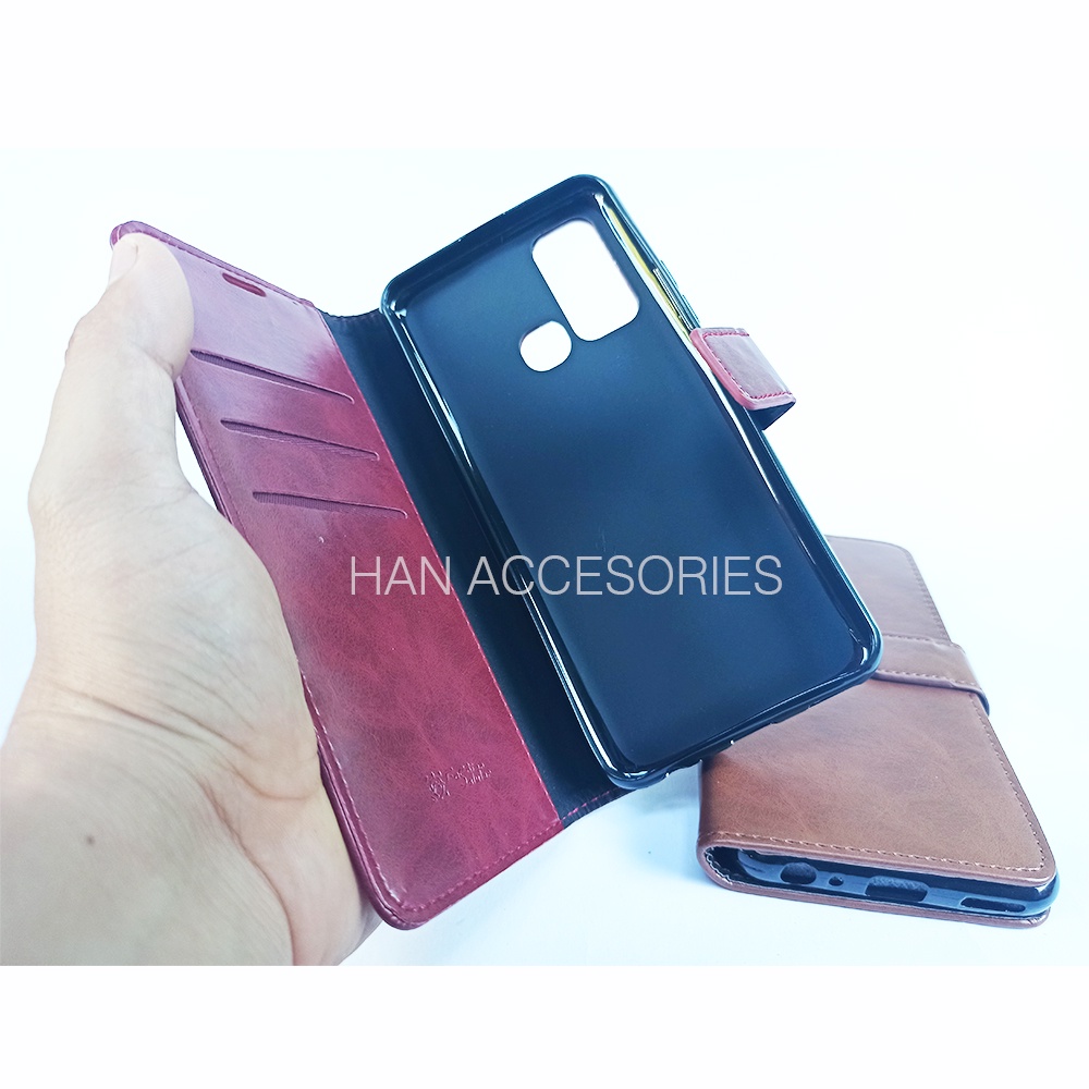 (PAKET HEMAT) Fashion Selular Flip Leather Case Samsung Galaxy A21S Flip Cover Wallet Case Flip Case + Nero Temperred Glass