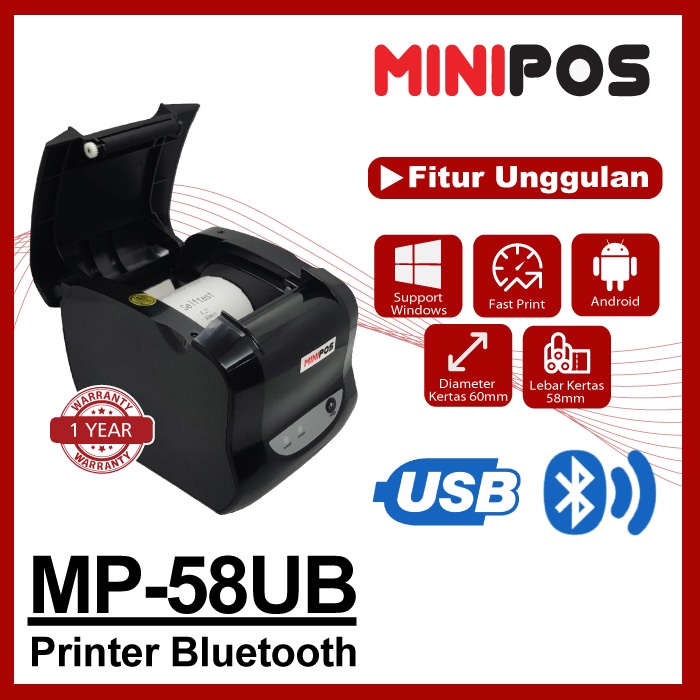 Printer Kasir MINIPOS MP-58UB, USB+Bluetooth, Head Thermal Awet, Adaptor Awet