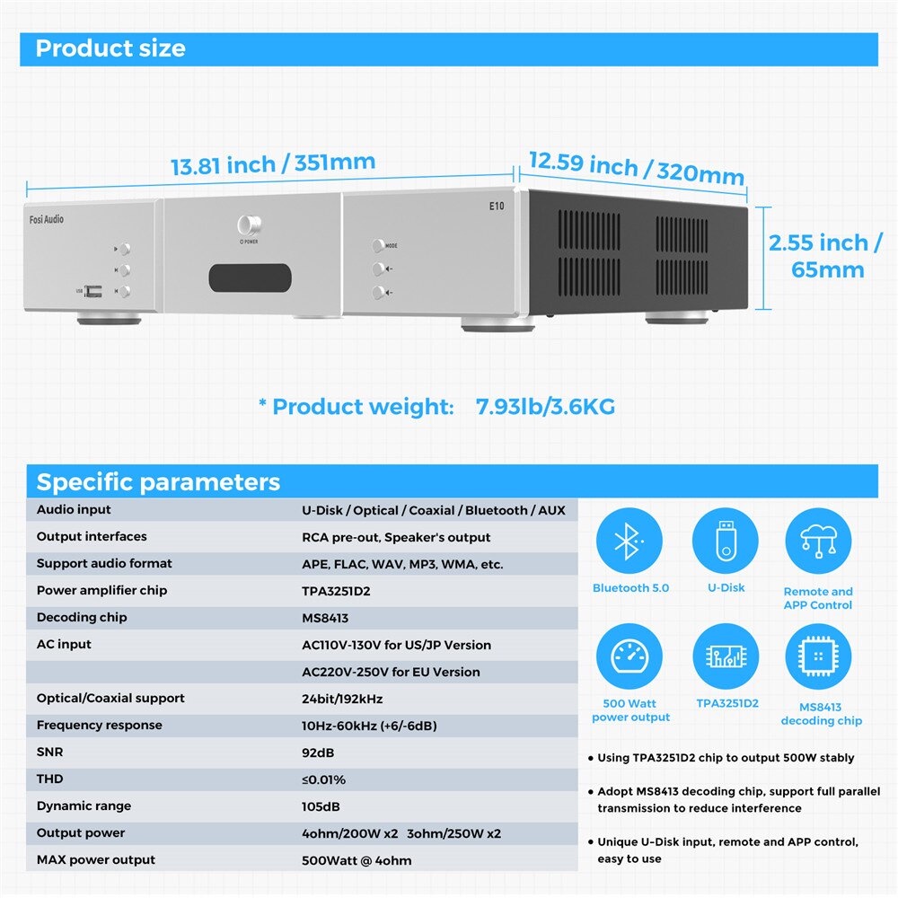 Fosi Audio Bluetooth 5.0 Stereo Home Audio Power Amplifier DAC HiFi TPA3251D2 with Remote - E10 - Black