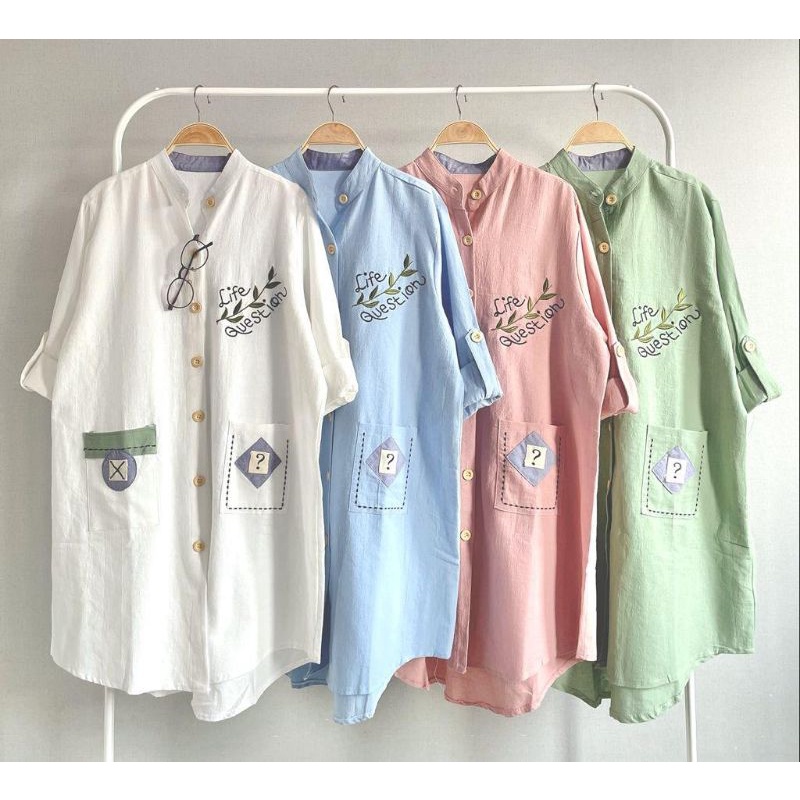 Tunik Kemeja katun Linen import Bordi Kantong Dua Depan LuBaNa#6407