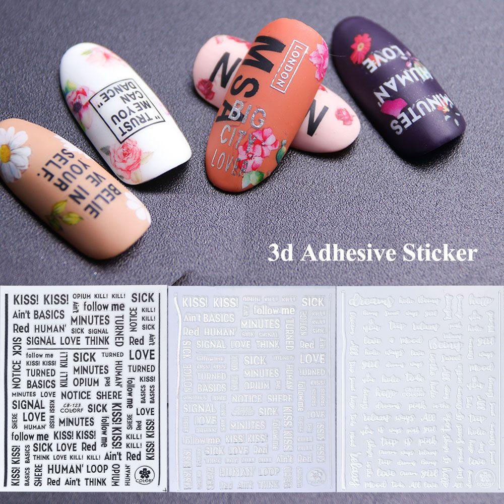 Mxbeauty Nail Art Decals Bronzing Dekorasi Nail Art Hologram Huruf Timbul Tulisan Nail Tips Hitam Putih Silver Geometris Glitter Stiker