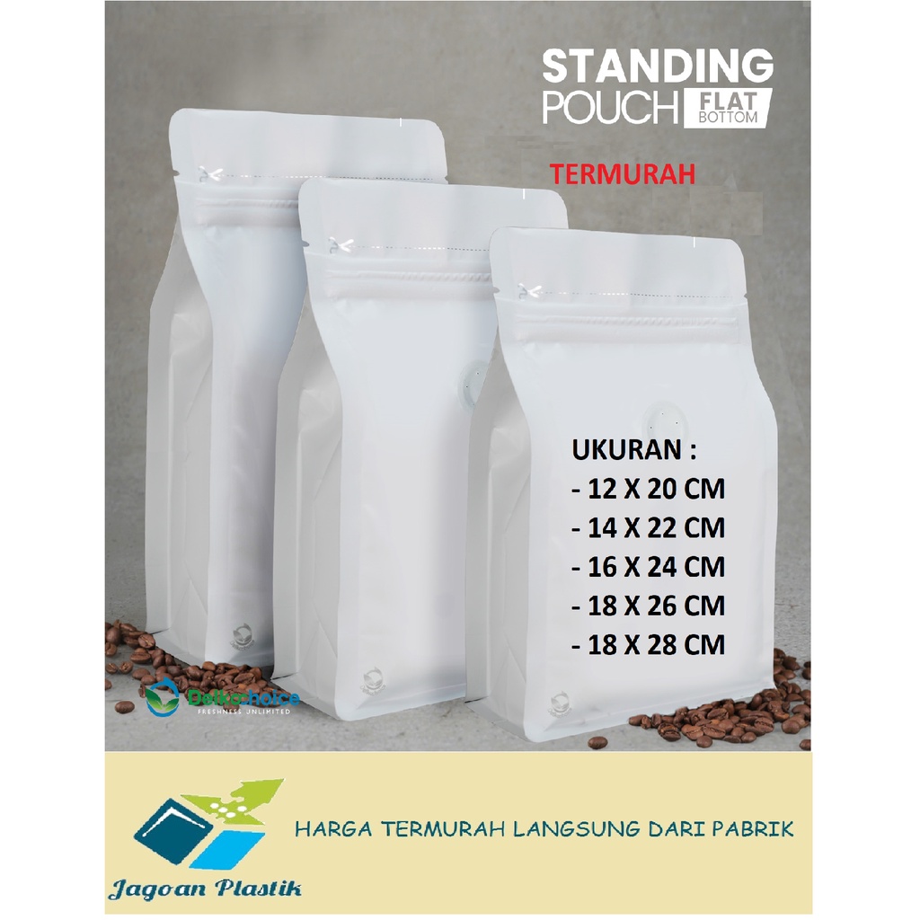 KEMASAN KOPI / STANDING POUCH PREMIUM EKONOMIS PUTIH + VALVE