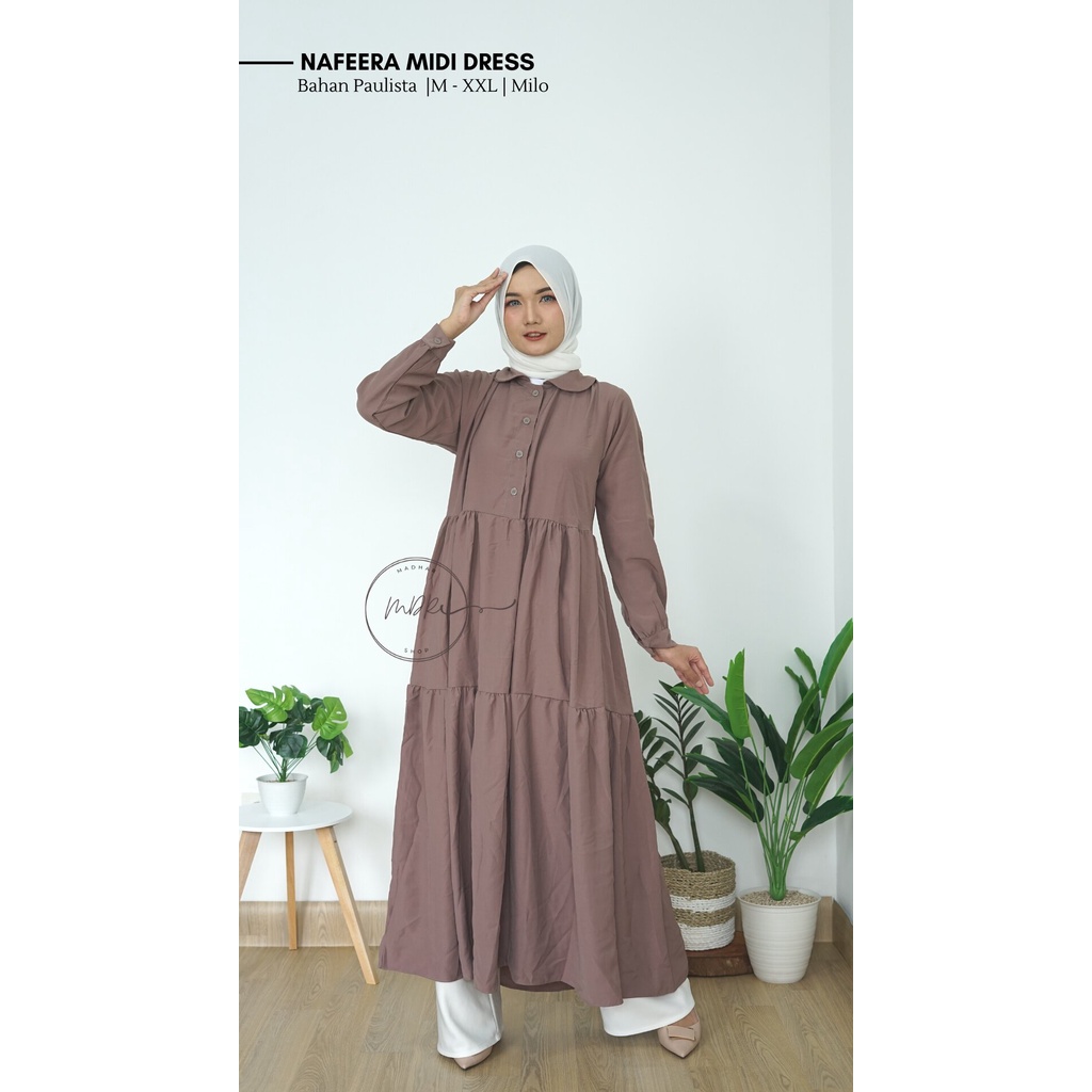 Nafeera Midi Dress Wanita Muslim Busui Jumbo Lengan Panjang Bahan Paulista Premium Size M L XL XXL Motif Polos Terbaru  Long Tunik rempel susun remaja Kekinian 2022