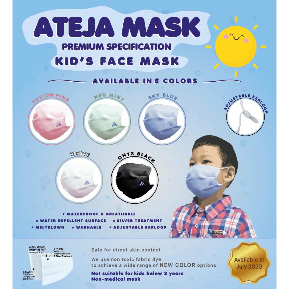 [Per BOX] ATEJA Kids Mask waterproof | Masker ATEJA anak|Putih/Hitam/Biru/Pink/Hijau ORIGINAL PABRIK