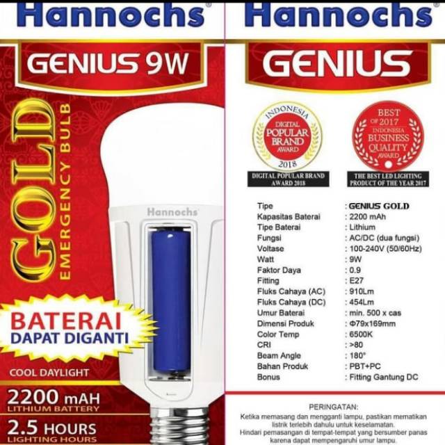 Lampu Emergency Hannoch Genius ACDC 9 Watt Baterai bisa di GANTI