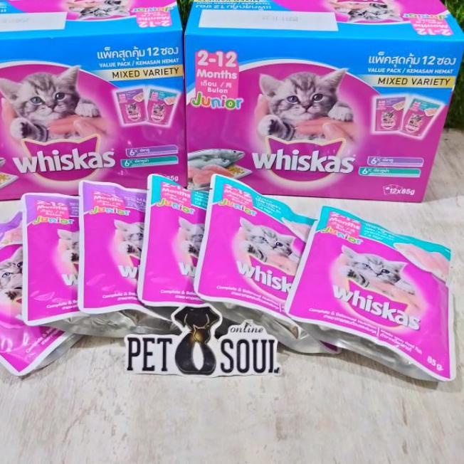 Whiskas Junior Mix Pouch / Junior Mackerel Campur Junior Tuna (Dus isi 12) (6tuna+6mackerel)