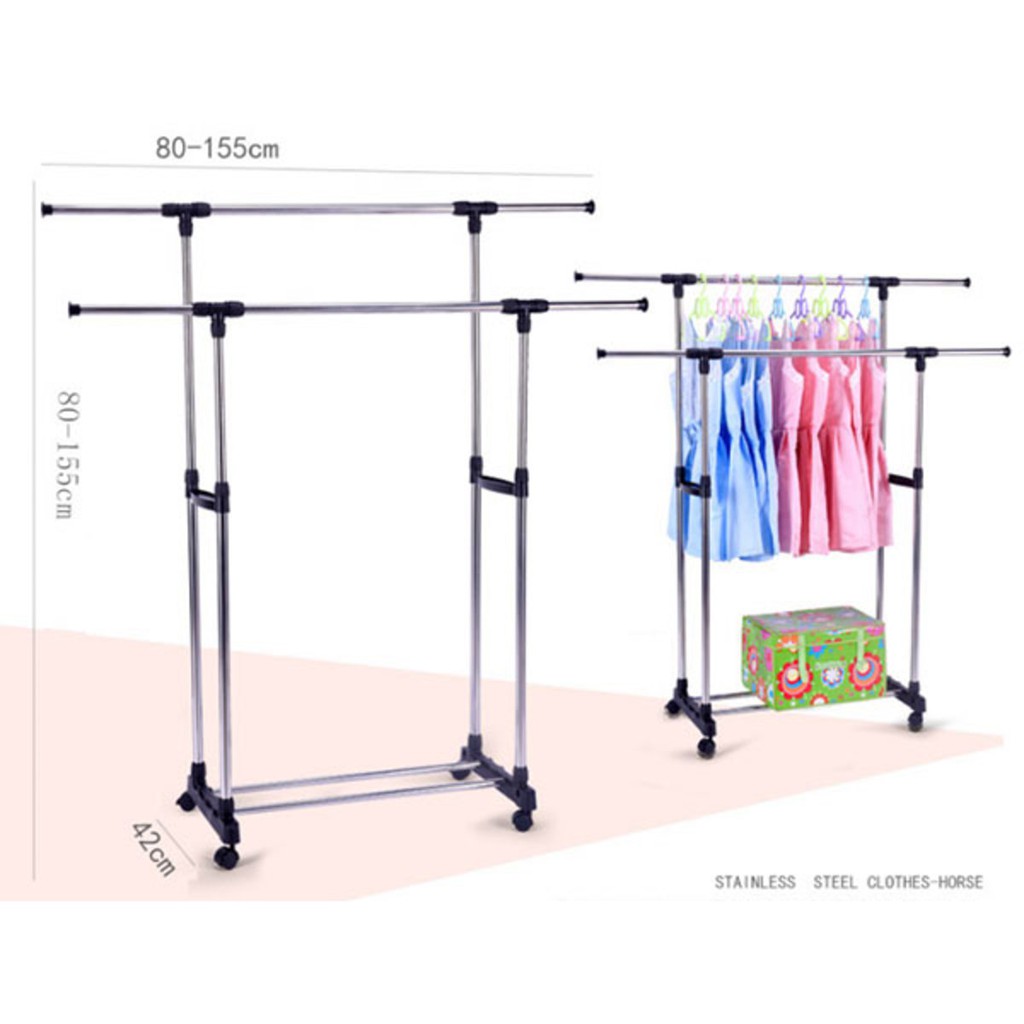 (4KG) SHENAR DOUBLE CLOTH HANGER / RAK GANTUNG 4 RODA/jemuran baju/gantungan baju