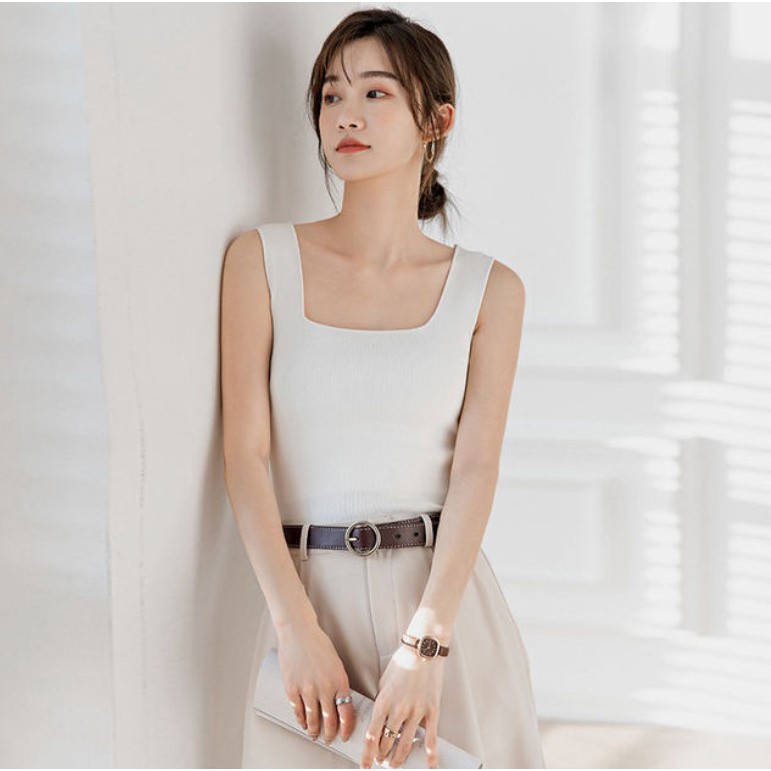 T08 tank top wanita pakaian atasan tanktop cewek korea rajut square neck inner wear-2