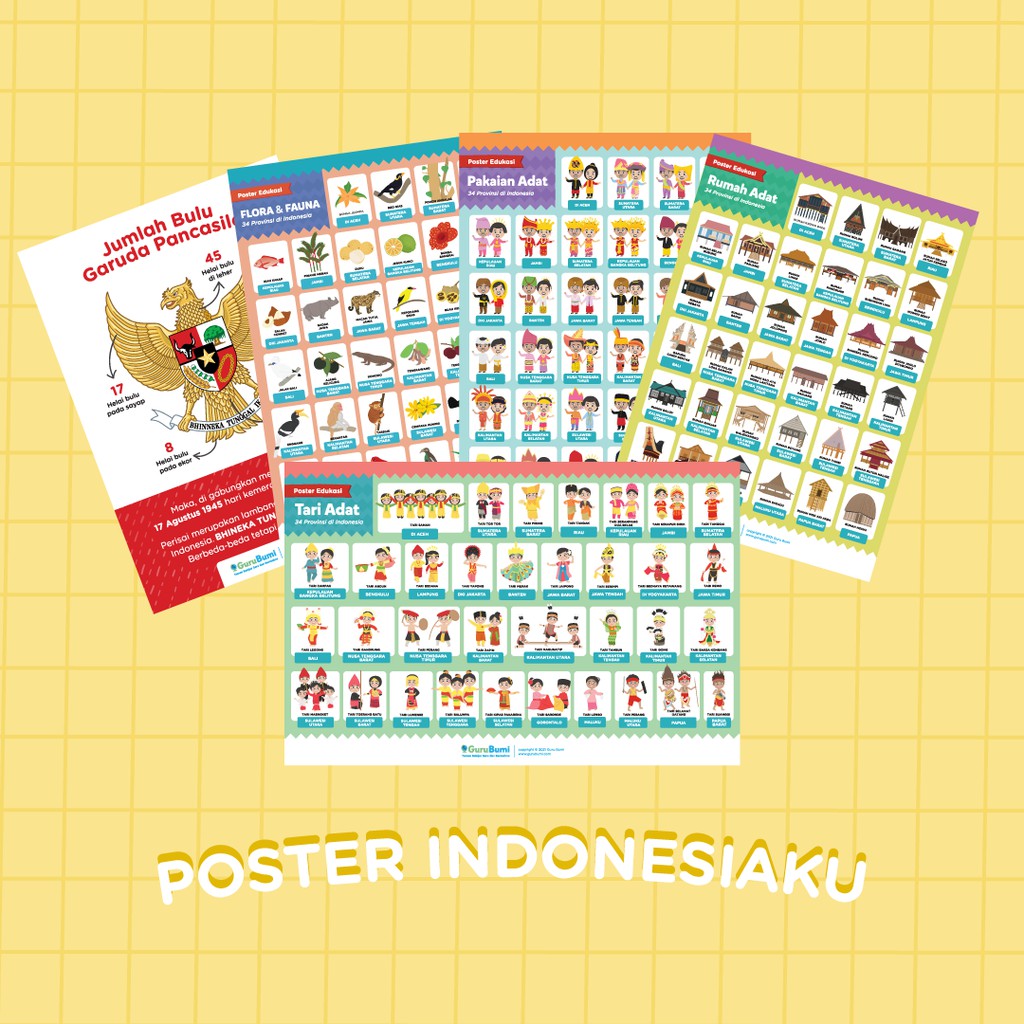 

Gurubumi Poster Edukasi Anak Belajar Ragam Budaya Indonesia Adat, Flora Fauna, Pancasila