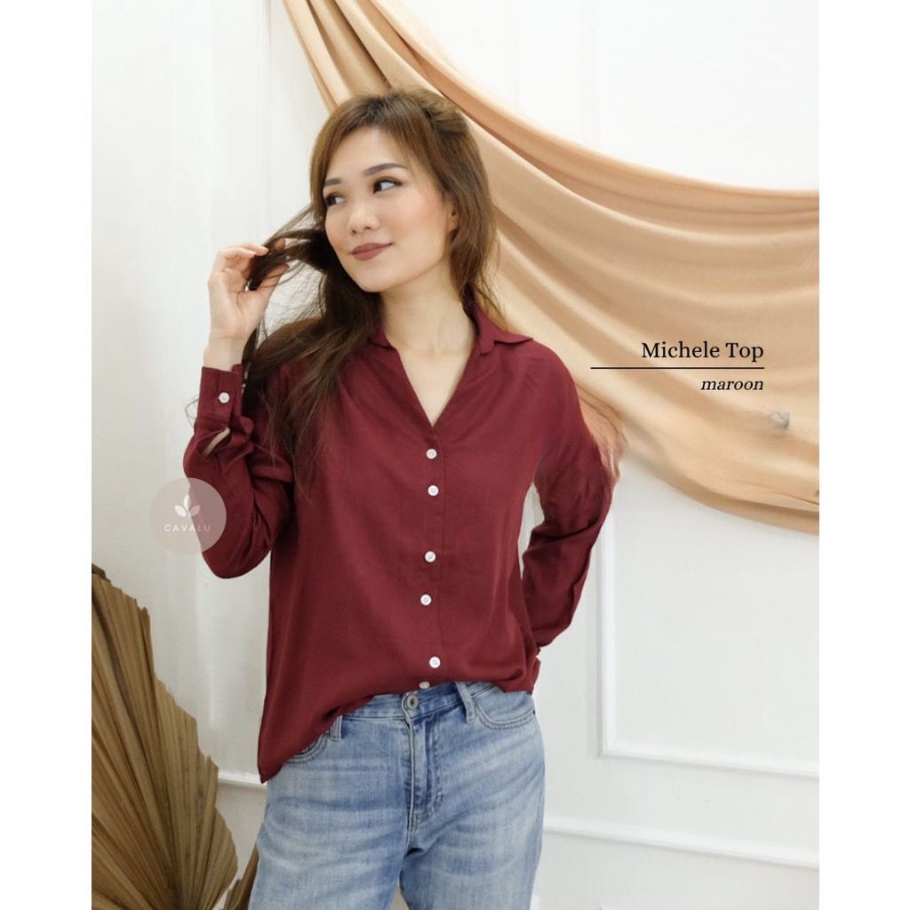 Atasan Kemeja Wanita V Neck Tangan Panjang CAVALU  MICHELE TOP - KMJ 010