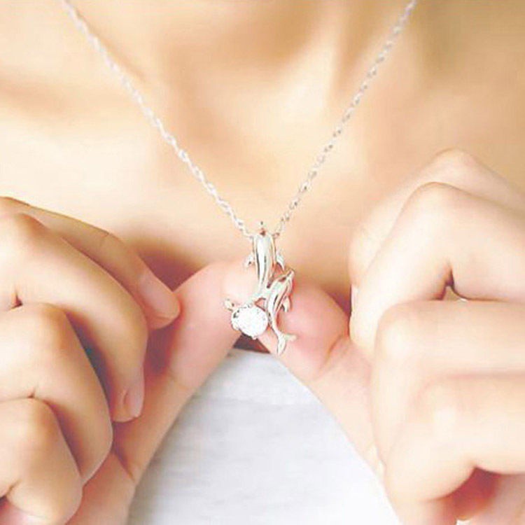 Cute 925 Silver Double Dolphin Rhinestone Short Chain Pendant Necklace Jewelry