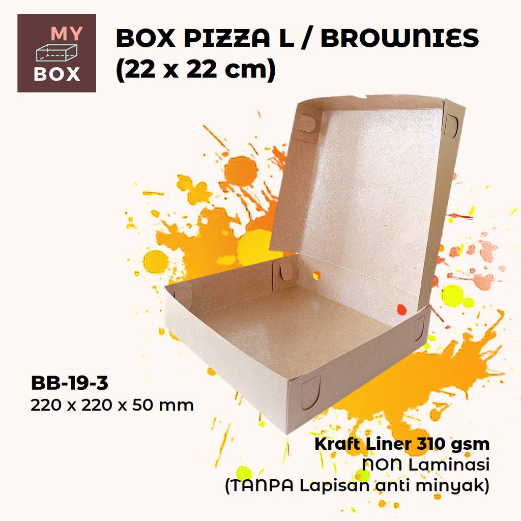 

BOX DUS KARDUS KOTAK PIZZA KUE ROTI BROWNIES (L) BB-19-3 22x22x5 cm KRAFT 310 gsm NON LAMINASI