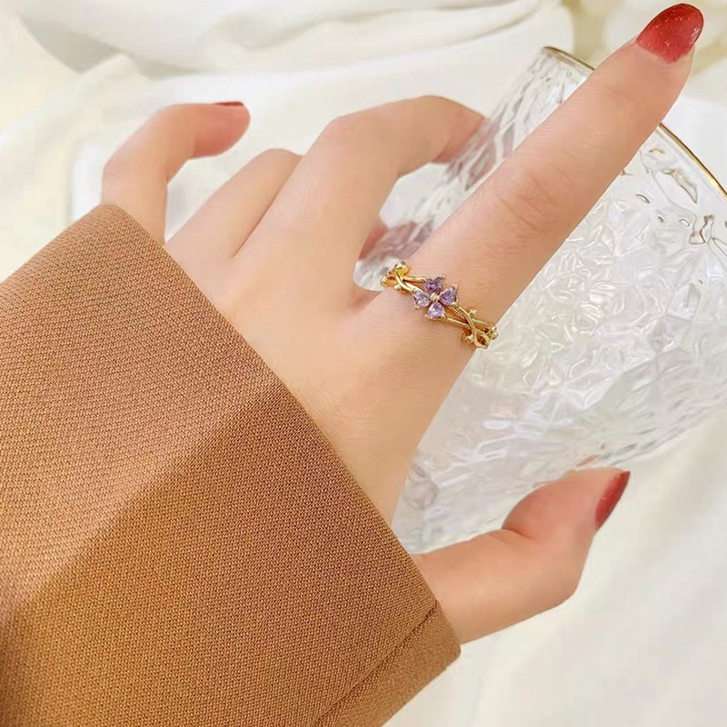 Cincin Titanium Asli Wanita Anti karat Ungu Berlian Semanggi Perhiasan Korea