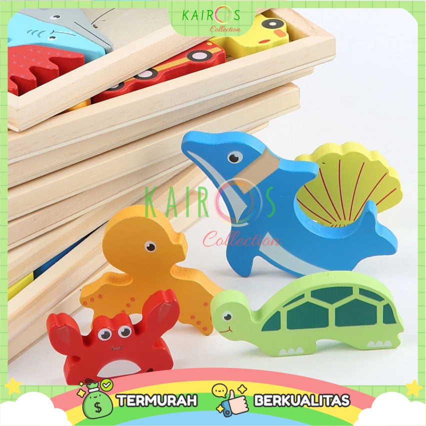 Puzzle Kayu 3D Balancing Mainan Edukasi Anak Aneka Motif Animal Buah Angka Transportasi Cocok Bentuk